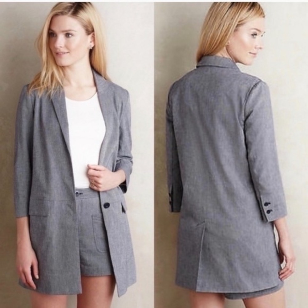 Cartonnier Anthropologie Blue Linen Blend Longline Blazer Jacket XS